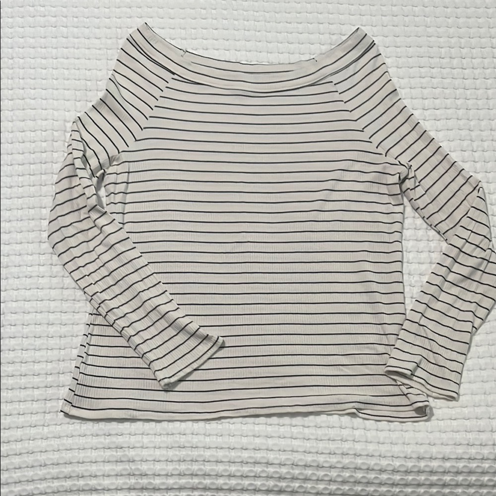 LOFT Cream and Black Striped Long Sleeve Tee